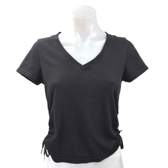 Calvin Klein Performance Black Short Sleeve V-Neck Ruched Tee T-shirt Top Sz XS - Picture 1 of 3